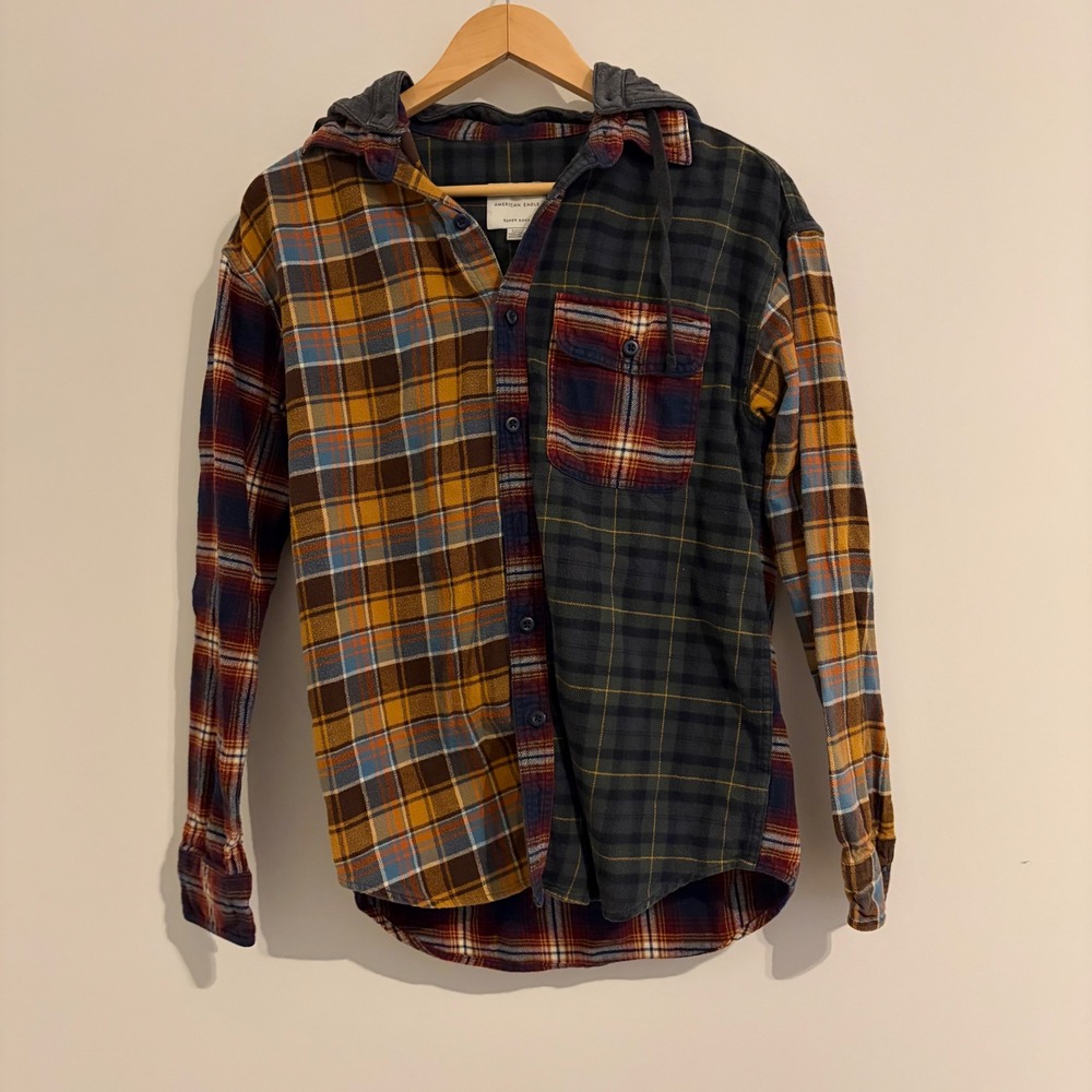 American Eagle Super Soft Colorblock Patchwork Hooded Plaid Flannel Shirt Small